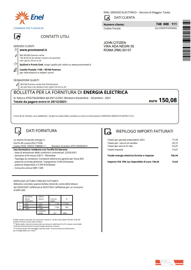 Italy Enel electricity utility bill template in Word and PDF format